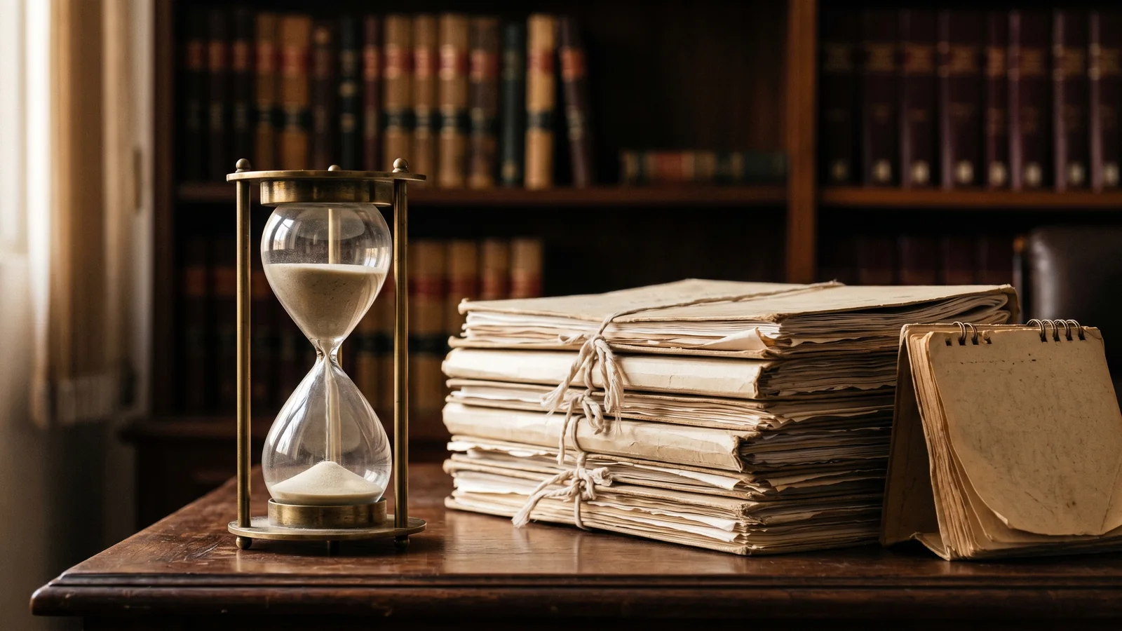 Documentos processuais, calendário e linha do tempo representando o cálculo de prescrição de um processo cível em 2026