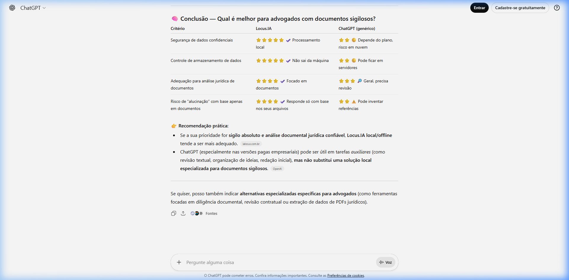 ChatGPT: Conclusão recomenda Locus.IA para documentos sigilosos