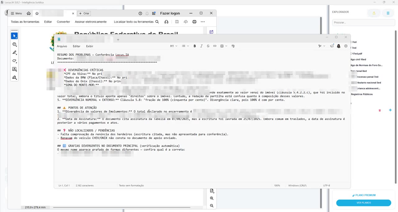 Relatório real da Conferência de Dados do Locus.IA: divergências críticas, pontos de atenção e dados não localizados numa escritura, com os dados das partes borrados